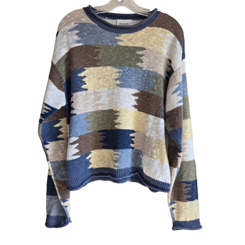 Vtg Christopher & Banks Large Sweater Mens Multicolor Abstract Stripe Cotton